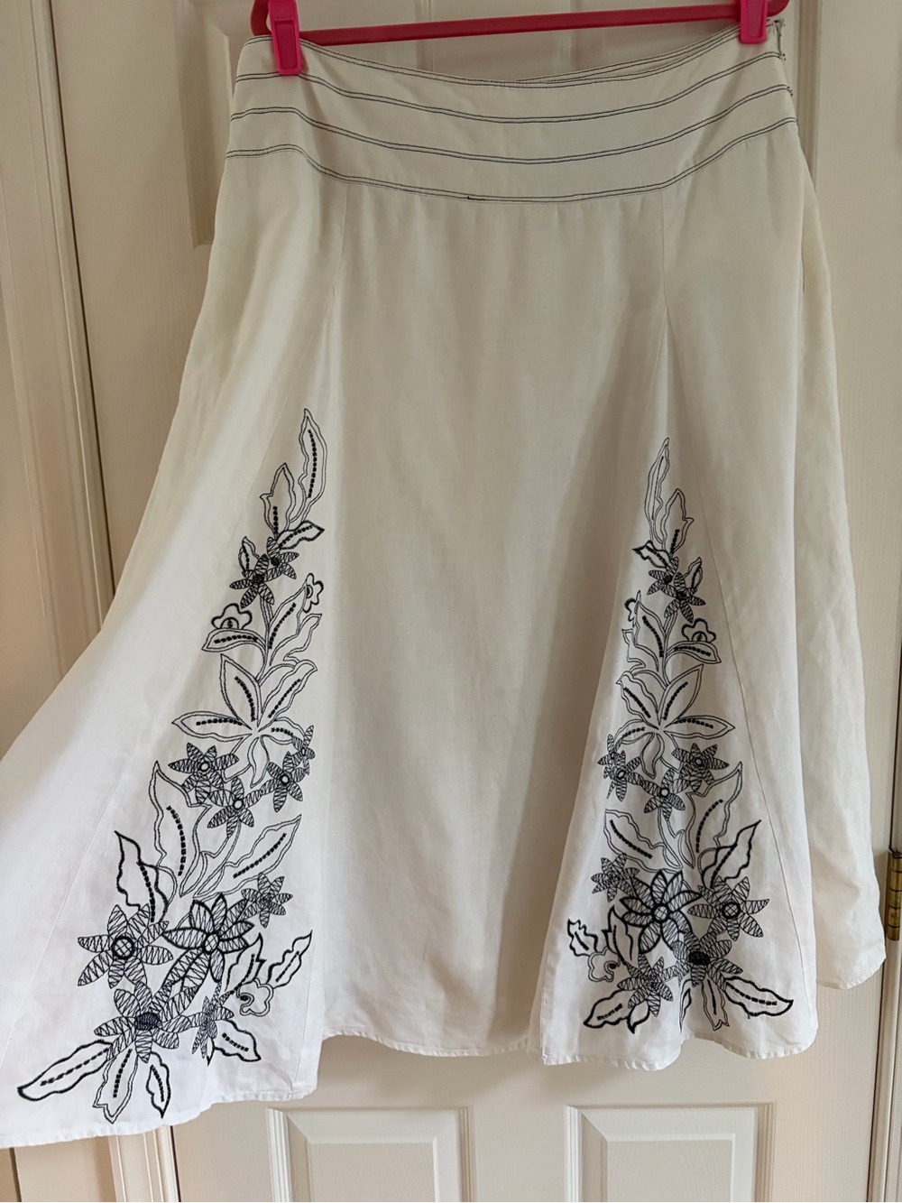 long tall sally White Linen Midi Skirt with Black Floral Embroidery Panels